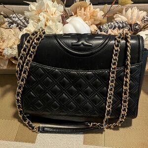 Tory Burch Fleming Convertible Black Quilted Leather Bag